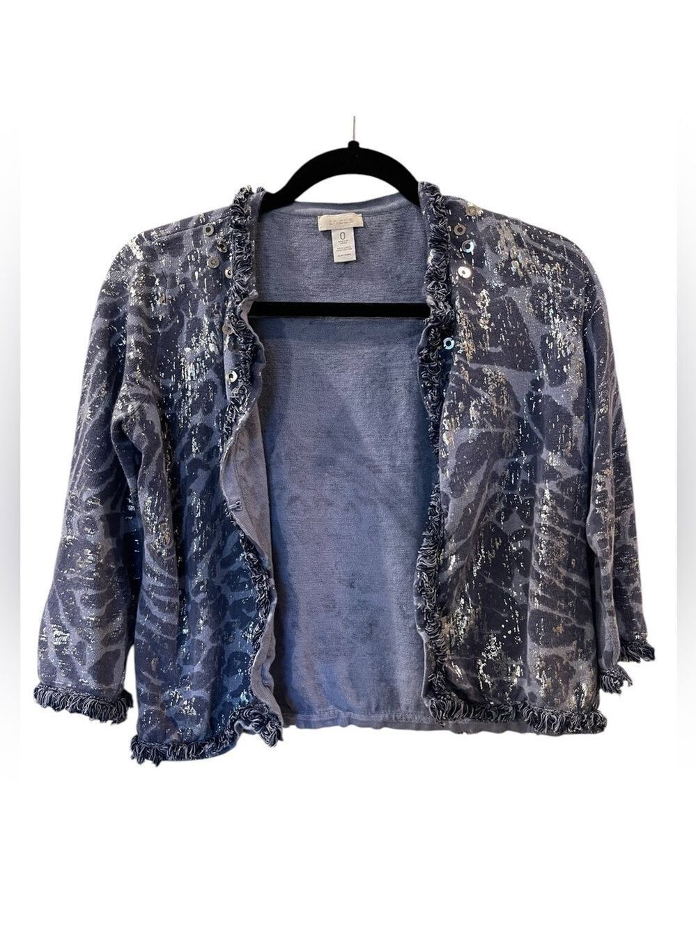 Chico's Women’s Frankie Foiled Animal Sweater Fringe Cardigan Blue Open Front XS
